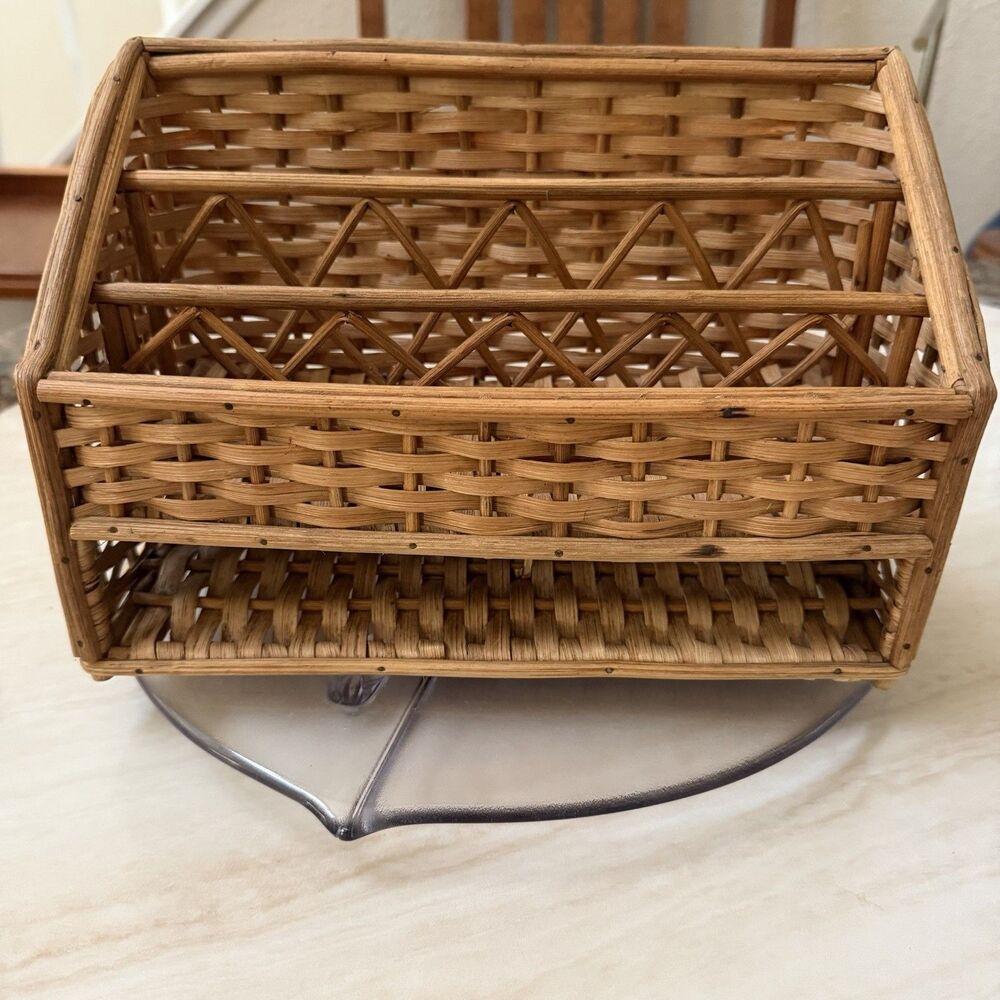 Vintage Wicker Rattan Divided Storage Basket Organizer Mail Utensil Holder 11”